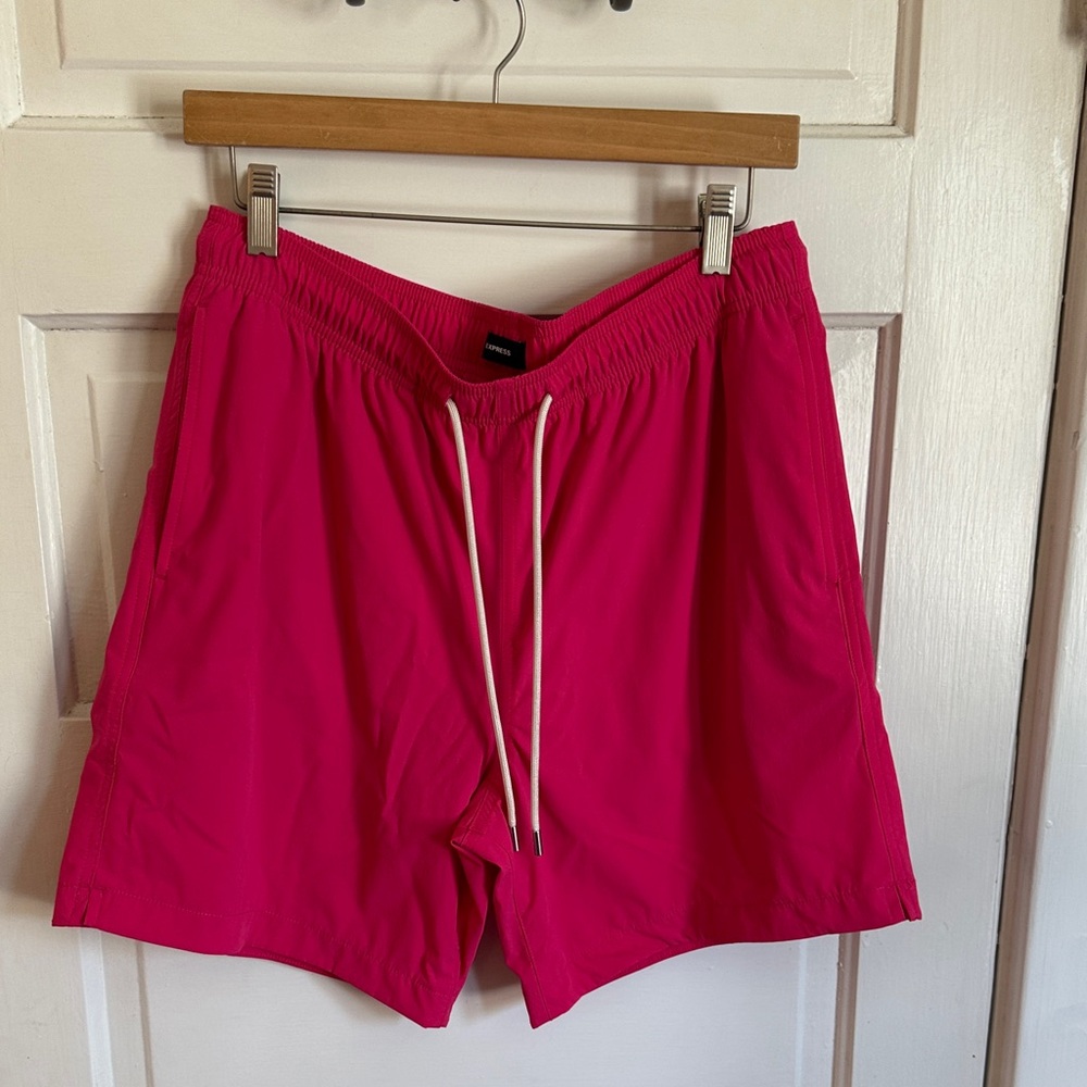 Express Men's Bright Pink Swim Trunks with White Drawstring